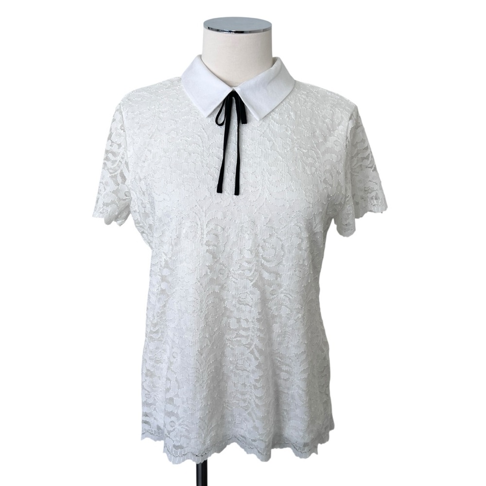 KARL LAGERFELD Peter Pan Collar Black Tie Short Sleeve Lace Top Blouse White M - Picture 5 of 17